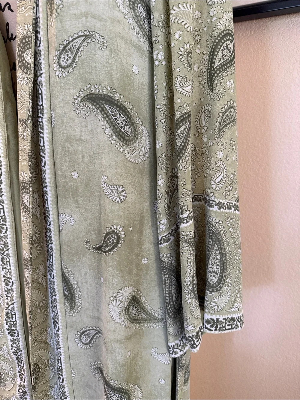 Paisley Long Satin Robe with Tie Belt - Sage Green